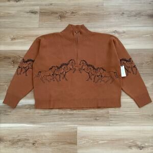 Anthropologie Montana Horses Mock-Neck Half-Zip Sweater Bronze S